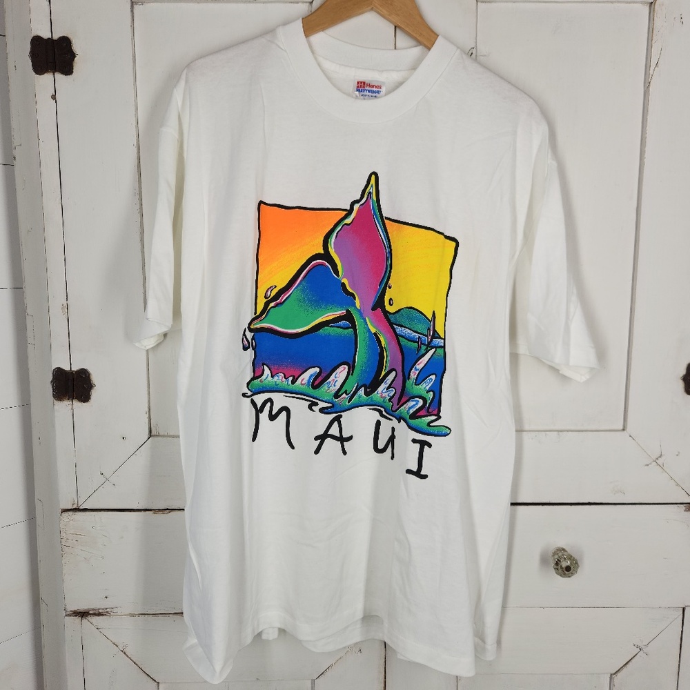 Original Vintage 90s Maui Hawaii Whale Tail Bright Graphic T Shirt- Unisex Sz XL